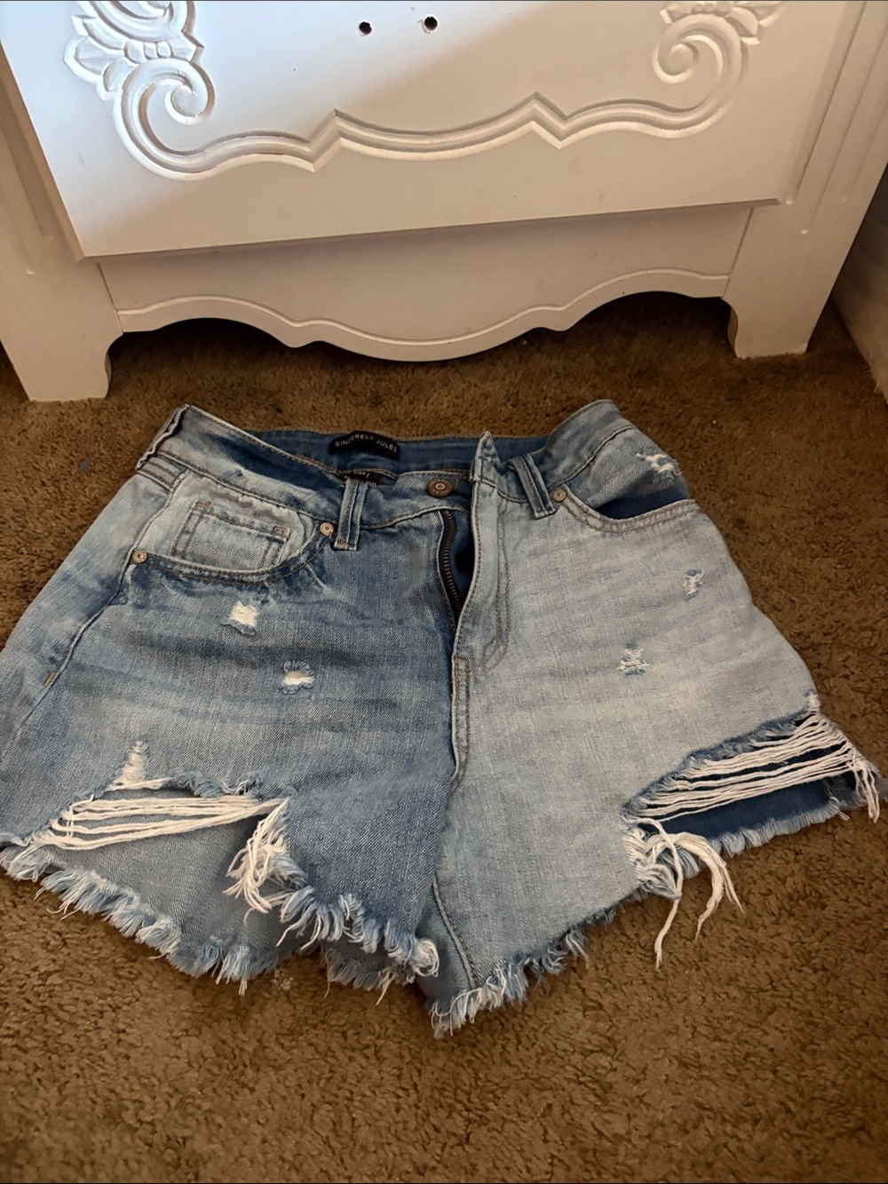 Sincerely Jules Two-Tone Light Blue Distressed Denim Shorts